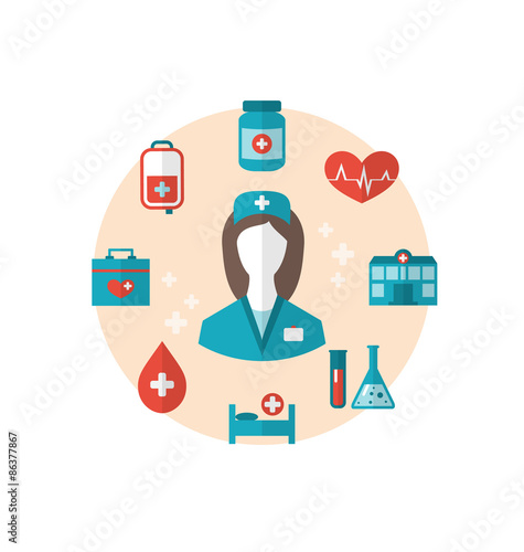Nurse with medical icons for web design, modern flat style