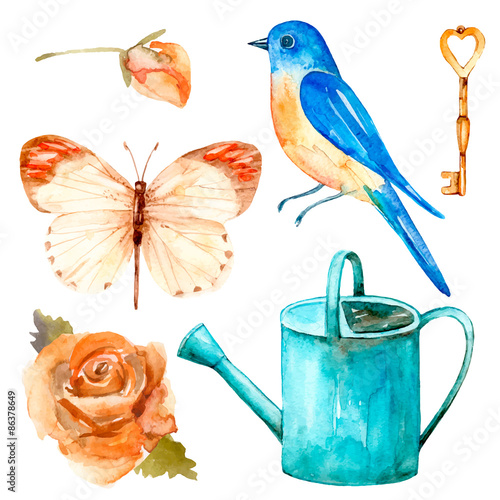  Romantic watercolor set of hand drawn elements.