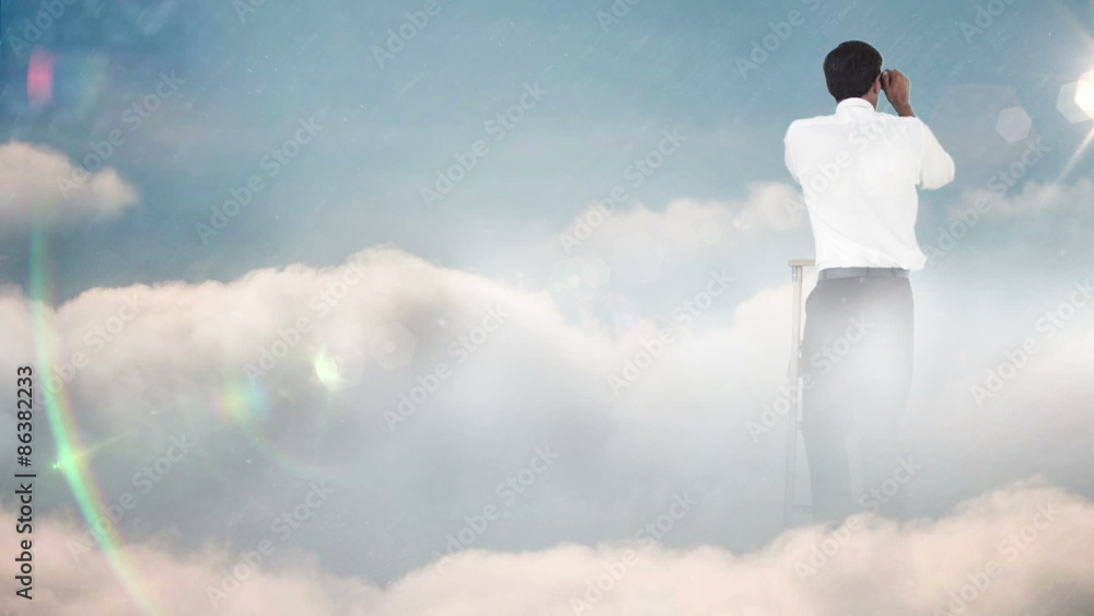 Businessman on ladder looking away with binoculars on blue sky background Businessman on ladder looking away with binoculars on blue sky background