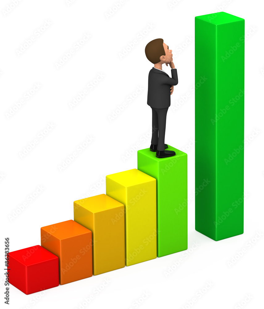 3D businessman on white background standing chart reflects 3D businessman on white background standing chart reflects