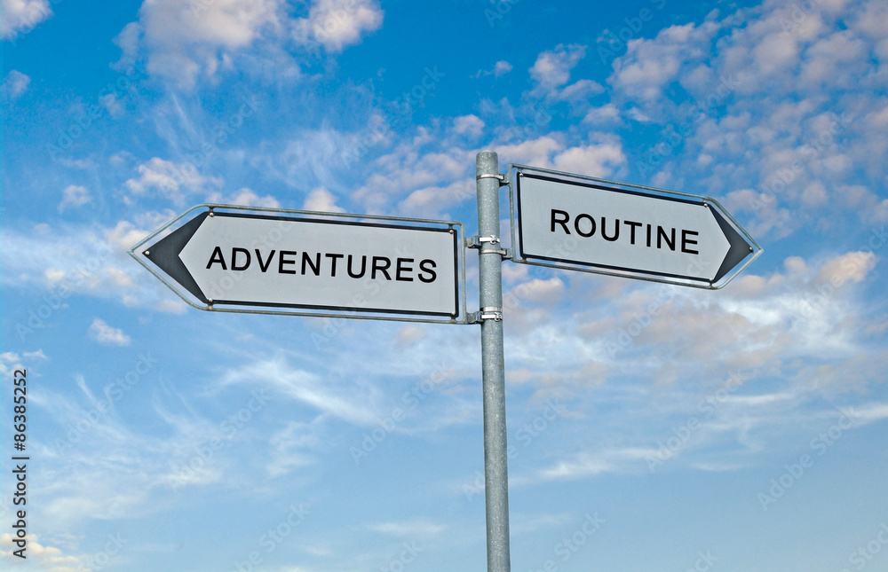 Fototapeta premium Road Signs to adventure and routine