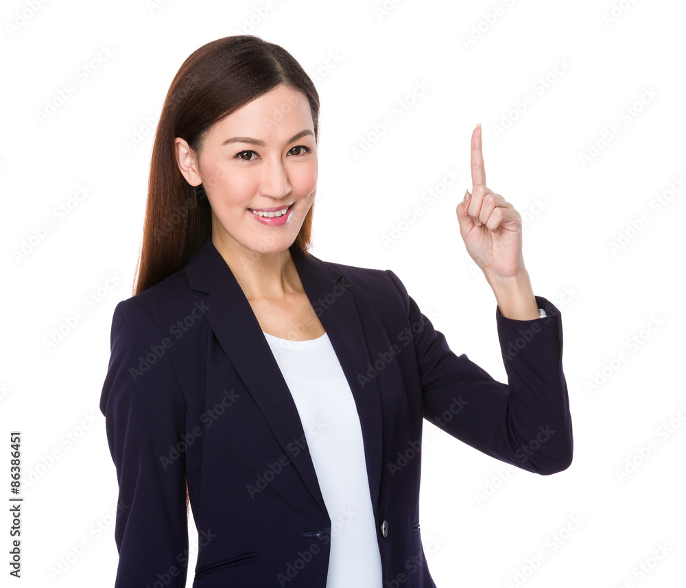 Businesswoman with finger showing up Businesswoman with finger showing up