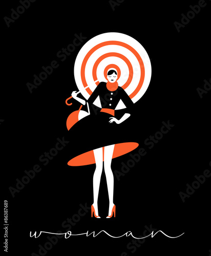 Woman with umbrella on black background. Negative Space