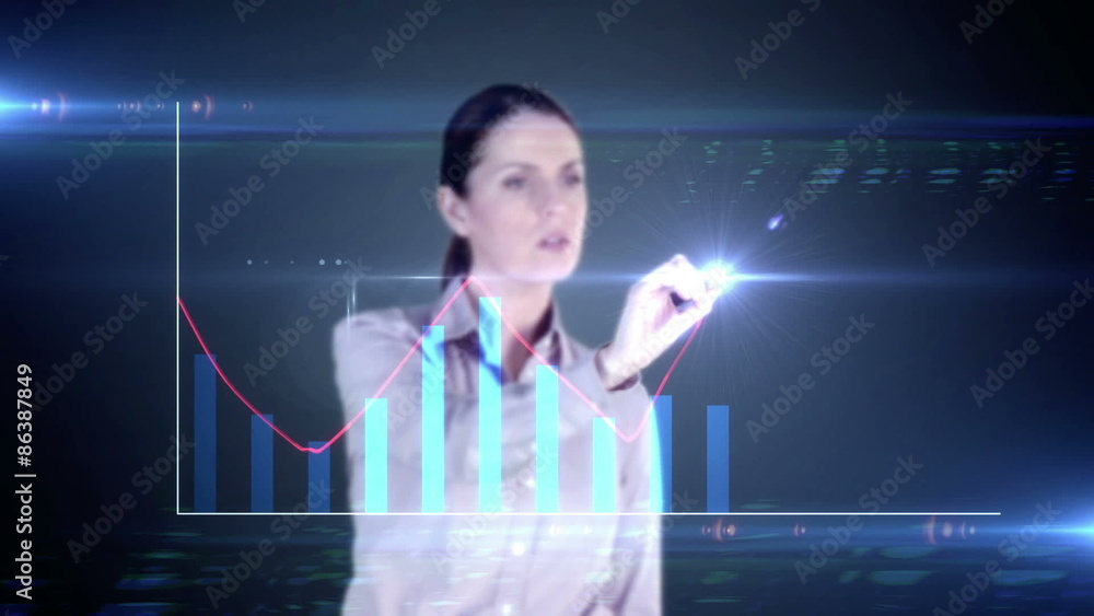Happy businesswoman drawing hologram graph on blackbackground Happy businesswoman drawing hologram graph on blackbackground