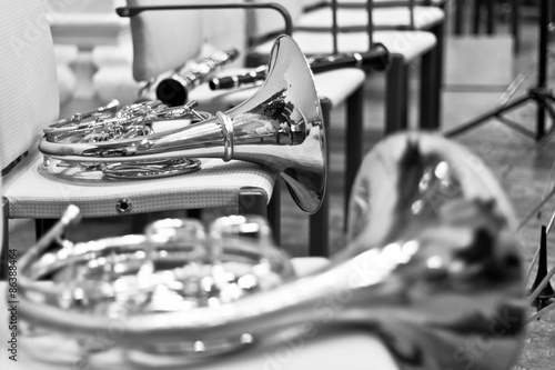 French horn in the concert hall. Wind instrument. French horn. Horn
