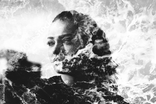 Double exposure of girl with gorgeous eyes and sea foam