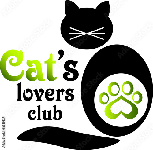 Logo for Cat's lovers club. Illustration of a cat with mustaches and trace  print with heart which can be used as a logo of club or pet shop
