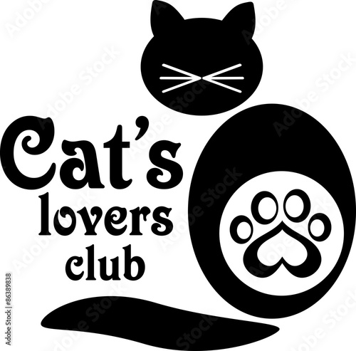 Logo for Cat's lovers club.Illustration of a cat with mustaches and trace  print with heart which can be used as a logo of club or pet shop