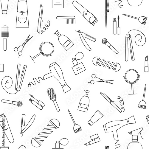 Beauty and care seamless pattern. Barber shop linear icons on white background