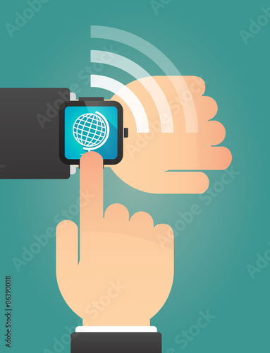 Hand pointing a smart watch with a world globe