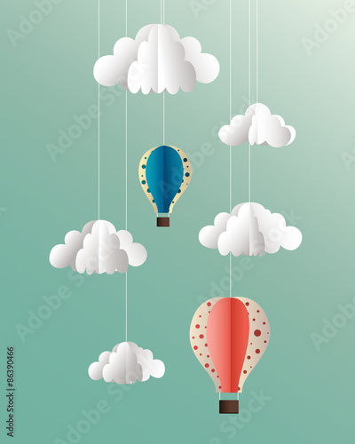 Vector paper clouds and balloons illustration on blue background