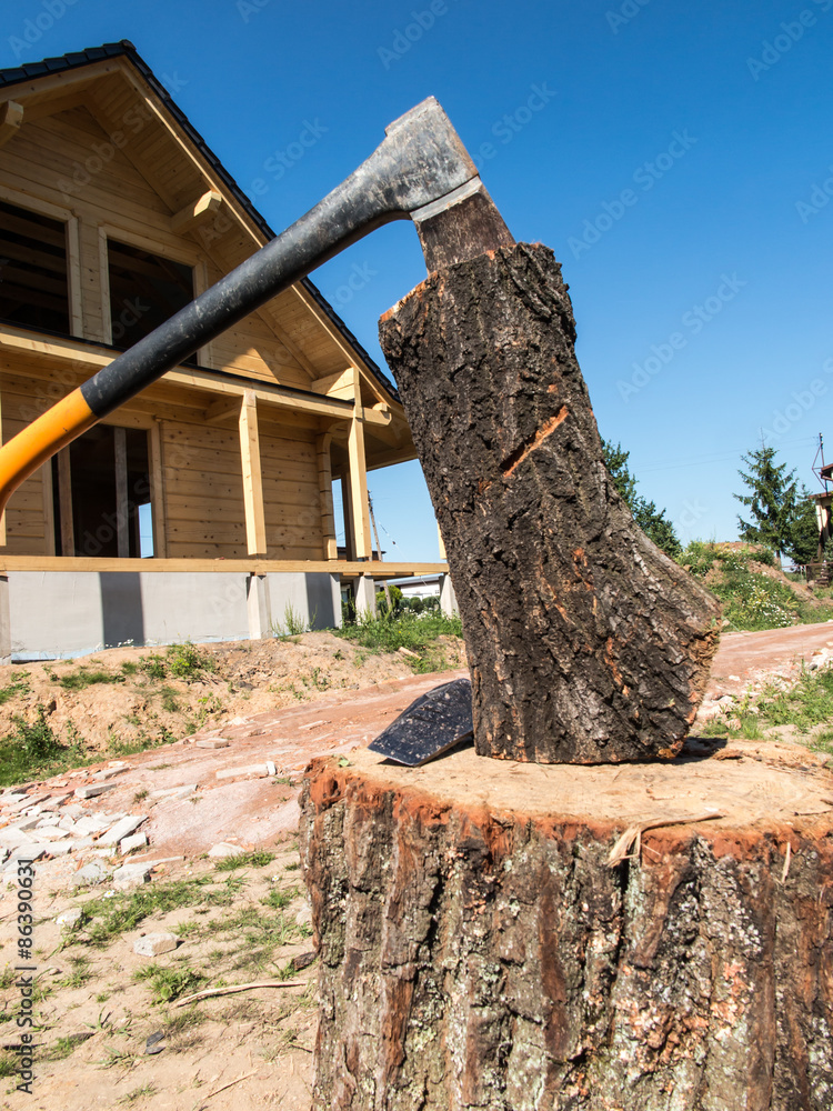 Fototapeta premium ax stuck in a log standing