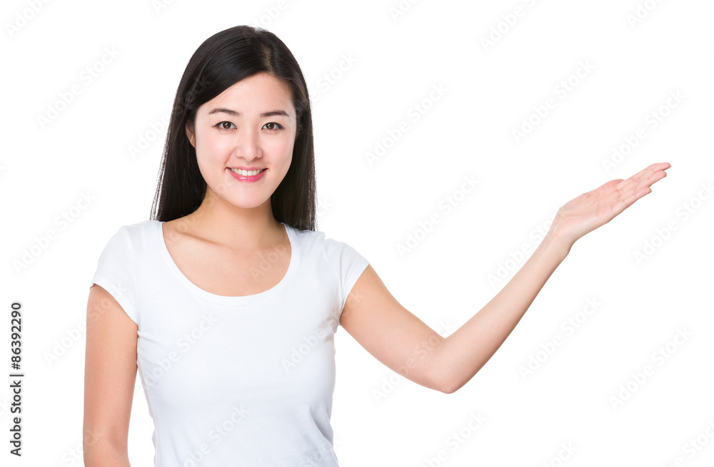 Young woman with hand showing something Young woman with hand showing something