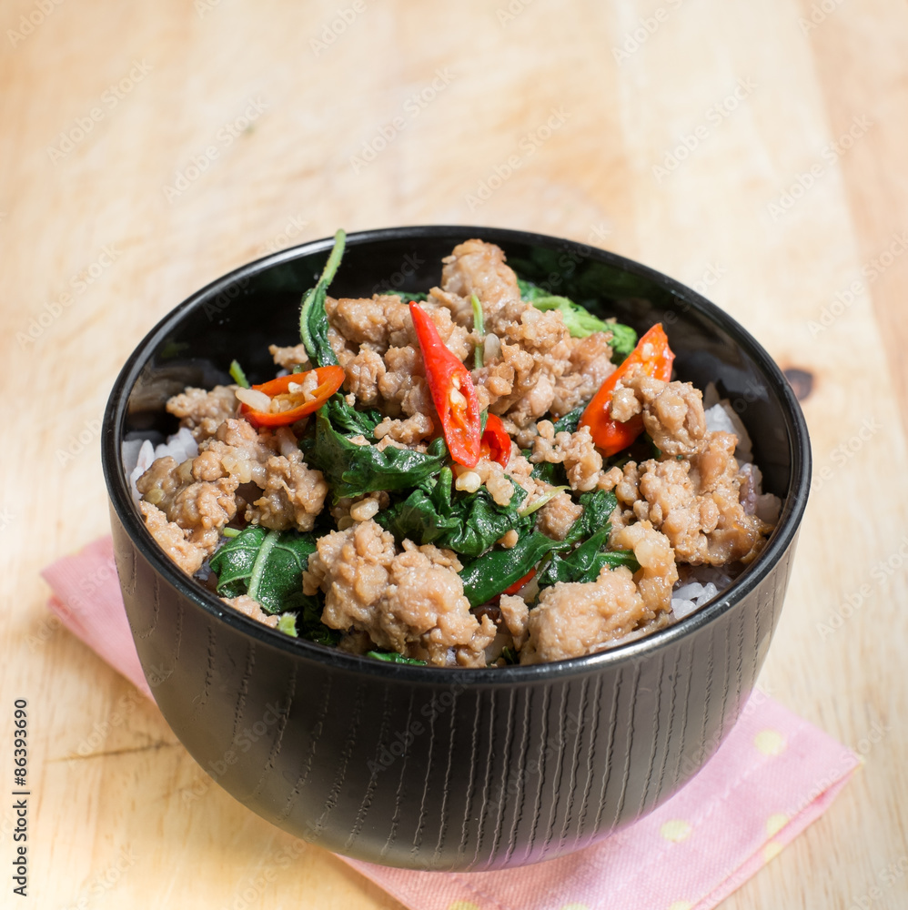 Close up Rice topped with stir fried minced pork and basil Close up Rice topped with stir fried minced pork and basil