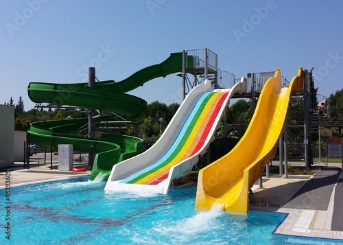 Colorful water slides and pool
