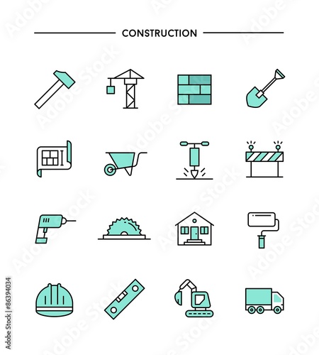 set of flat design, thin line construction icons