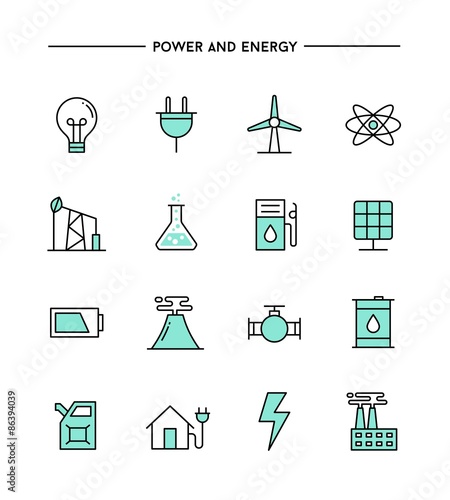 set of flat design, thin line power and energy icons