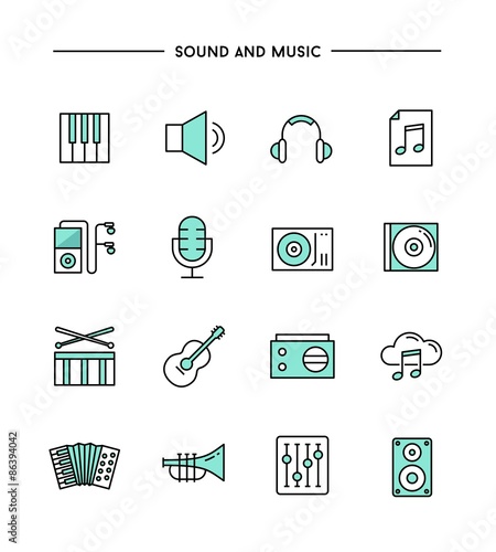 set of flat design, thin line sound and music icons