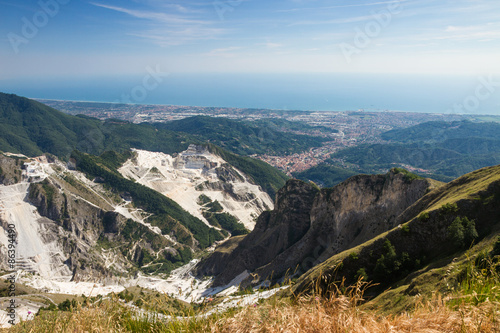 Panoramic view of Carrara's marble quarries in Tuscany, Italy