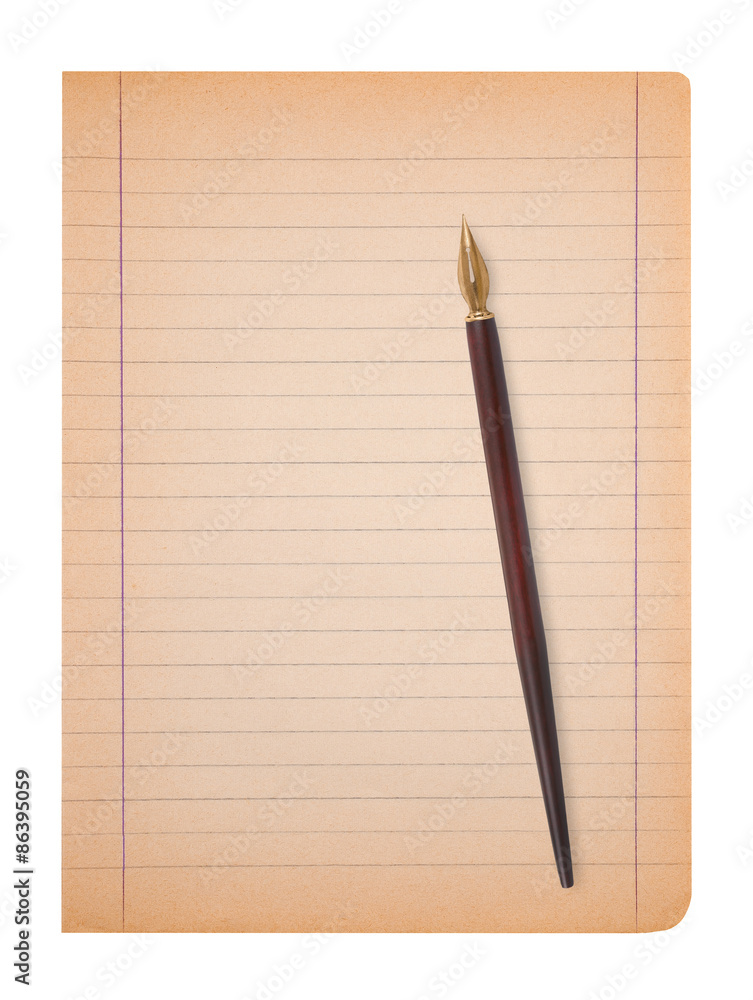 Old sheet with pen isolated on white background Old sheet with pen isolated on white background