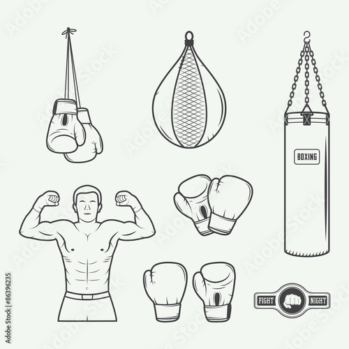 Boxing and martial arts logo badges, labels and design elements in vintage style. Vector illustration