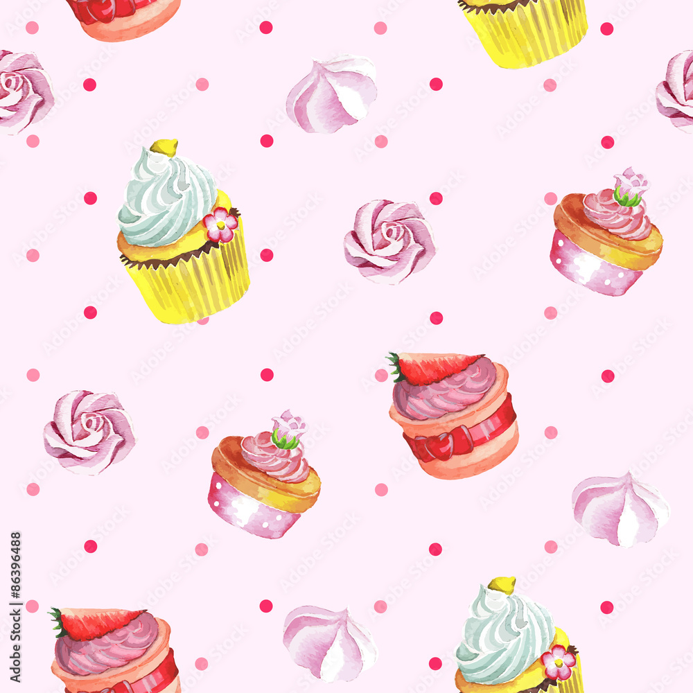 Watercolor seamless pattern with cupcakes. Hand drawn design. Watercolor seamless pattern with cupcakes. Hand drawn design.