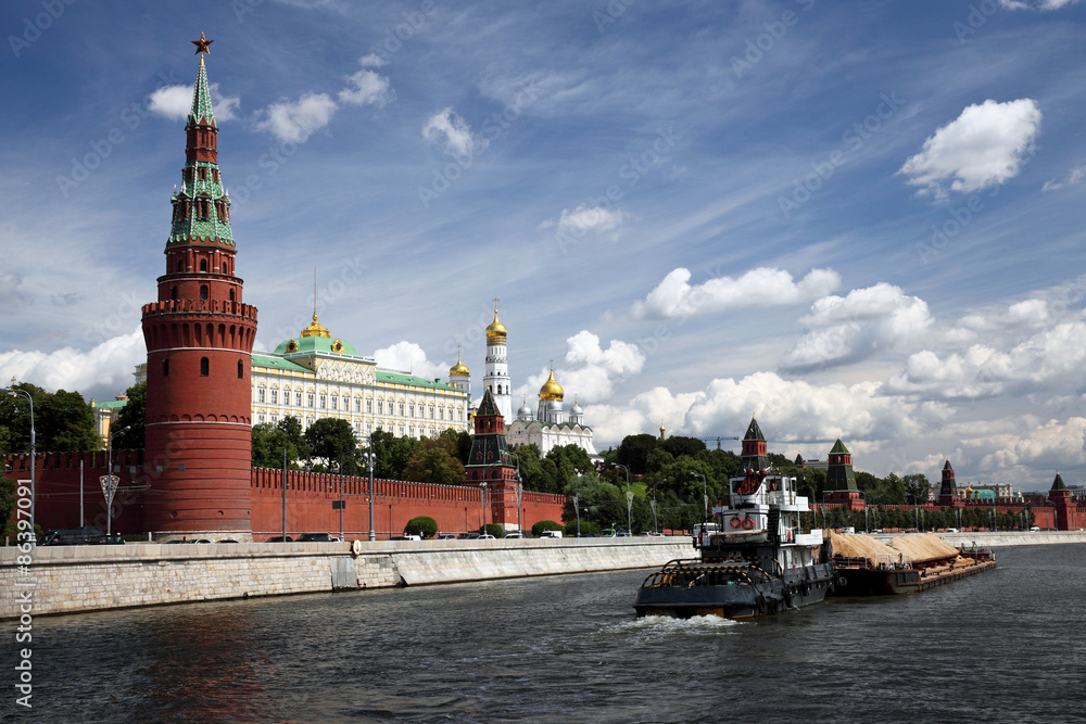 A ship on Moskva river in front of Moscow Kremlin