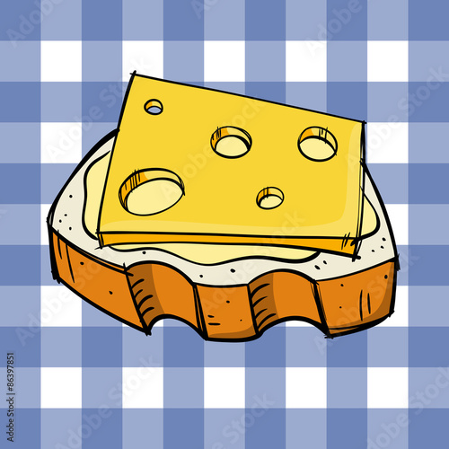 Sketch of a piece of bread with butter and cheese on a blue plaid background.