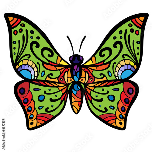 The stylized image of a butterfly, painted in psychedelic colors. Vector graphics.

