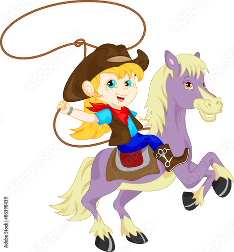 cute Cowgirl rider on the horse throwing lasso