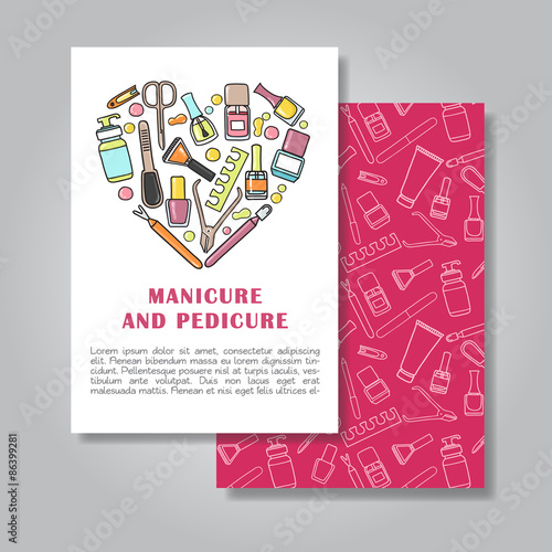 Two sides  invitation card design with manicure and pedicure illustration