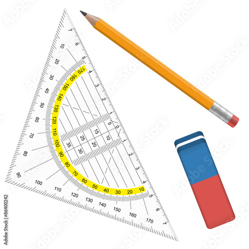 pencil, eraser and protractor