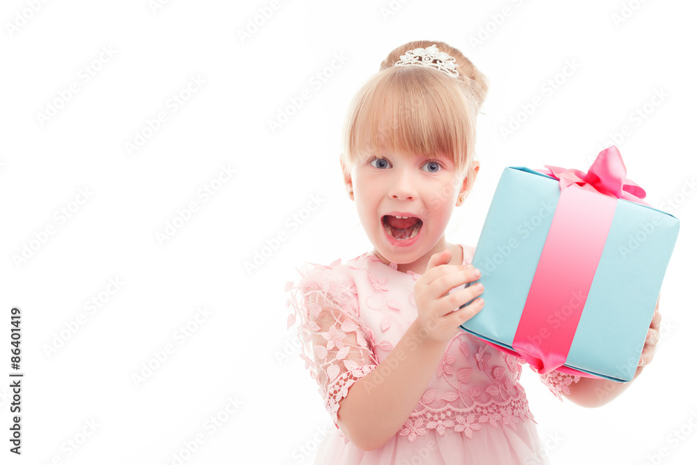 Positive girl holding present box Positive girl holding present box
