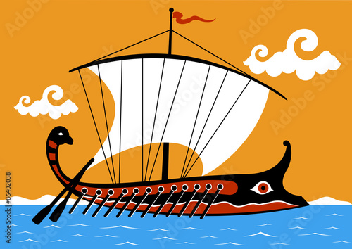 Ancient Greek trireme sailing on the sea. Vector illustration