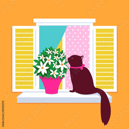 Cat sitting on a window sill. Vector illustration