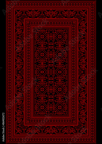 Design carpet with ethnic monophonic ornament in red and burgundy shades
