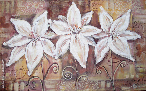 Three beautiful white lilies on a brown grunge background. Acrylic painting.