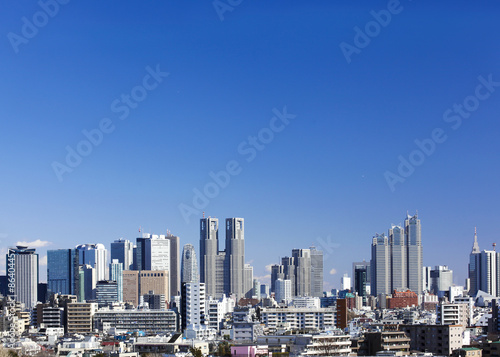 東京都庁と新宿高層ビル群 全景 快晴青空 