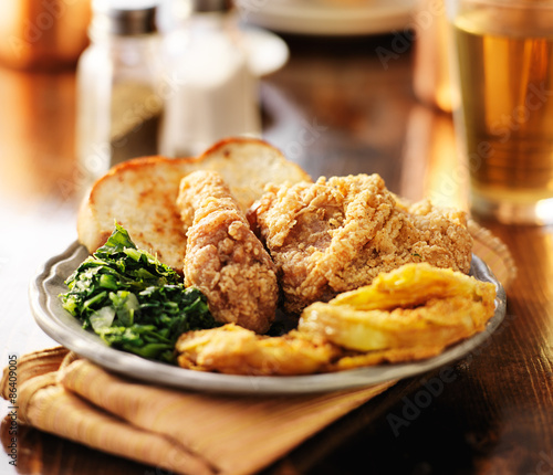 southern soul food with fried chicken and collard greens