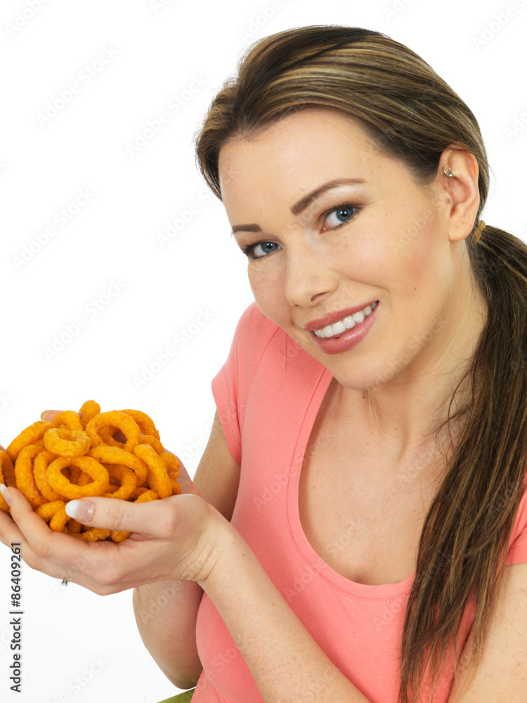 Attractive Young Woman Holding A Handful Of Onion Flavoured Rings Attractive Young Woman Holding A Handful Of Onion Flavoured Rings