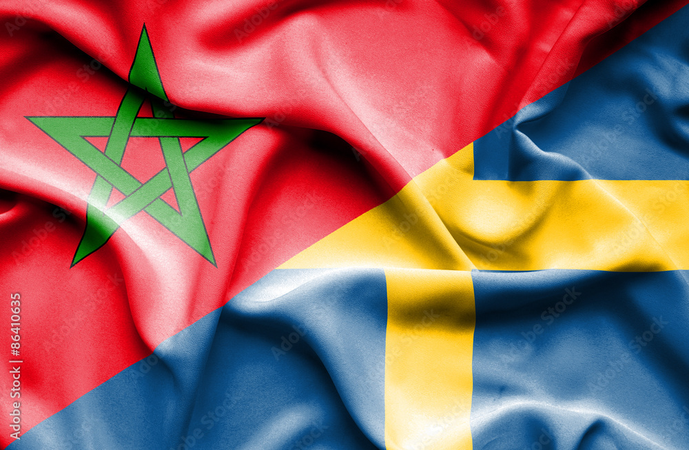 Waving flag of Sweden and Morocco Waving flag of Sweden and Morocco