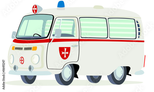Caricatura furgoneta T2 ambulancia beige emblemas rojos vista frontal y lateral
