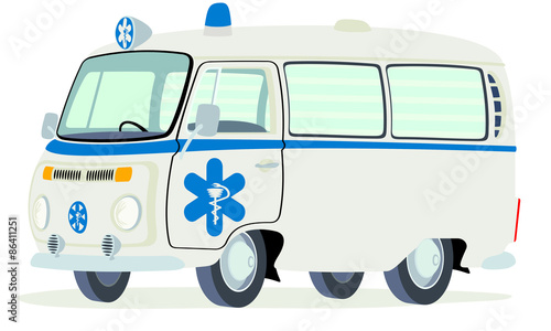 Caricatura furgoneta T2 ambulancia beige emblemas azules vista frontal y lateral