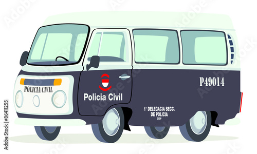 Caricatura furgoneta T2 microbus policia brasilera blanca y negra vista frontal y lateral