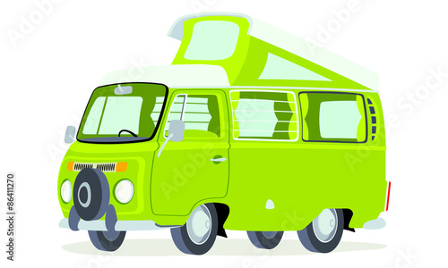 Caricatura furgoneta T2 microbus camping verde vista frontal y lateral