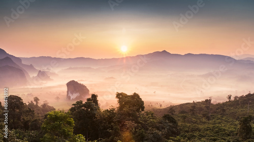 Morning mist At Phu Lang Ka, Phayao, Thailand