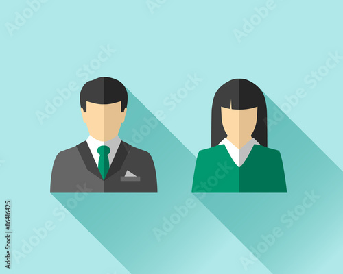 Asian businessman and businesswoman in flat design with long shadow