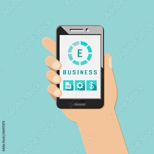 E-business concept with mobile apps and icons. Hand holding smartphone.