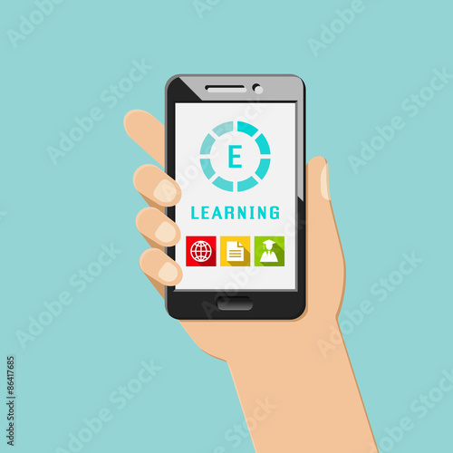 E-learning concept with mobile apps and icons. Hand holding smartphone.
