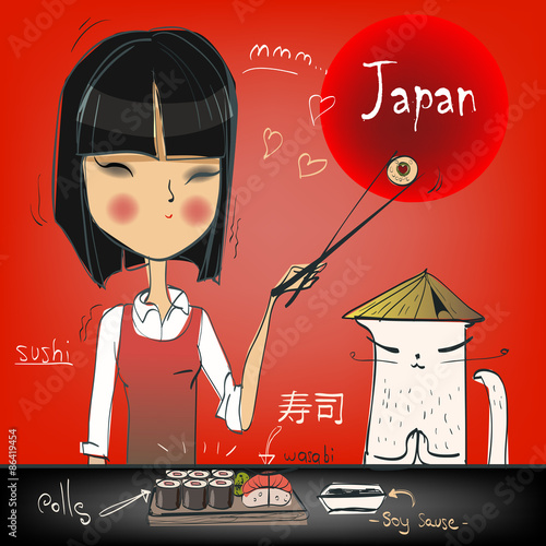 girl with cat eating